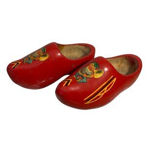 Vintage Dutch Wooden Clogs Hand Painted Red With Cartoon Design 7”